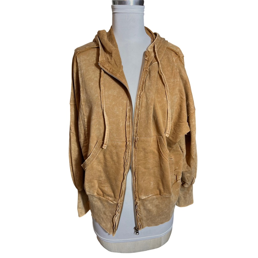 Zenana Acid Wash Zip Up Hoodie‎ Mustard Tan Raw Edge Oversized S/M TJW-5221A